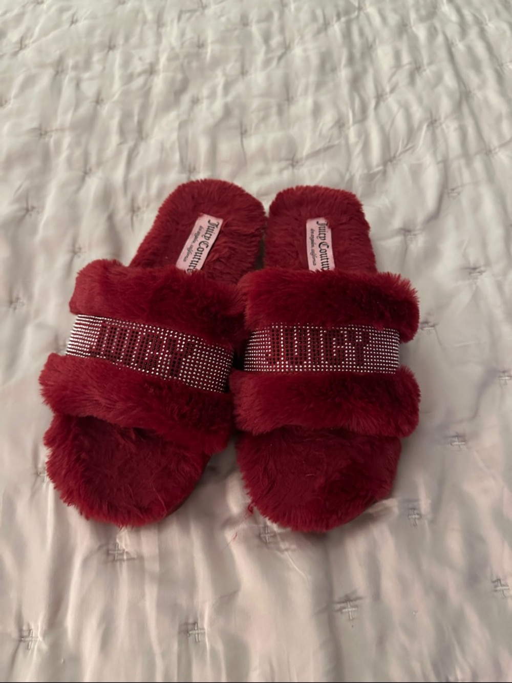 Juicy Couture Red Fuzzy Slide Slippers with Rhinestone Logo